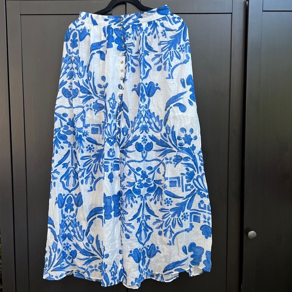 H&M Conscious Collection White Blue Mediterranean Printed Maxi Skirt Size S NWT
